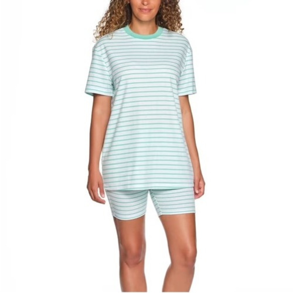 Loft 2 Piece Bike Short Pajama Set Large Green Striped Ribbed Jersey Knit Lounge